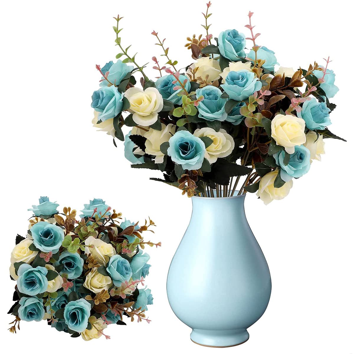 HASTHIP 2 Bundles Artificial Rose Flowers, No Vase Included, Artificial Blue and White Rose Flower Decor for Wedding, Party, Home Decoration, Desk Artificial Flowers Decoration Home Decor HASTHIP 2 Bundles Artificial Rose Flowers, No Vase Included, Artificial Blue and White Rose Flower Decor for Wedding, Party, Home Decoration, Desk Artificial Flowers Decoration Home Decor